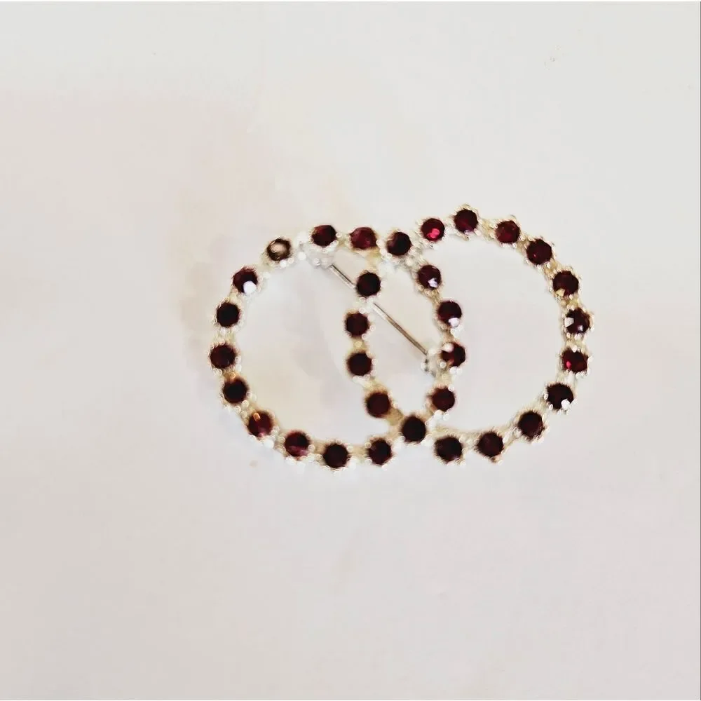 Vintage Red Burgundy Rhinestone Studded Silver Tone Circle Open Work Pin Brooch